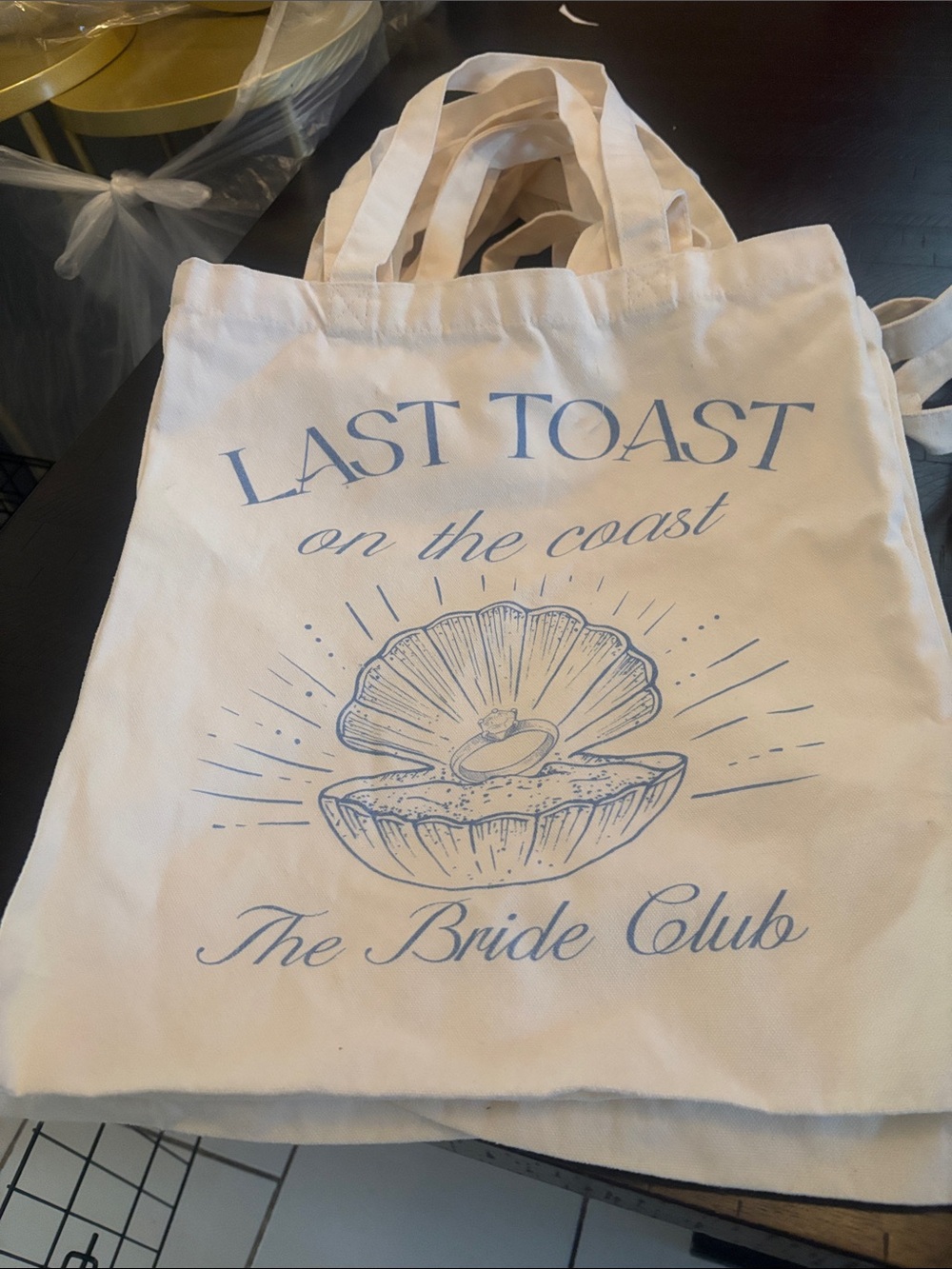 Last Toast The Bride Club Tote Bag in Cream with Blue Print